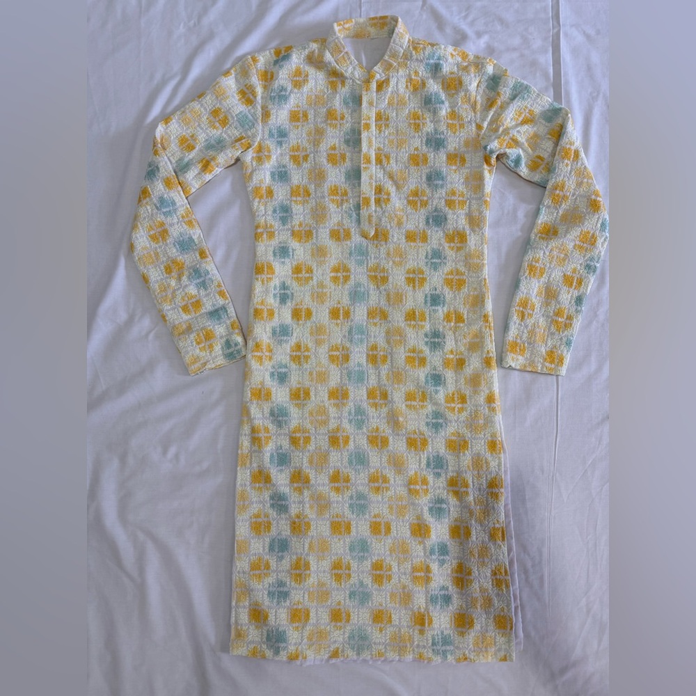 Yellow and Blue Patterned Long Sleeve Kurta